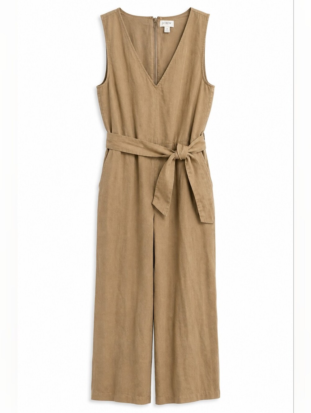 J.Crew Taupe Linen & Cotton Tie Waist Jumpsuit, 8, Cropped, Wide Leg, Coastal